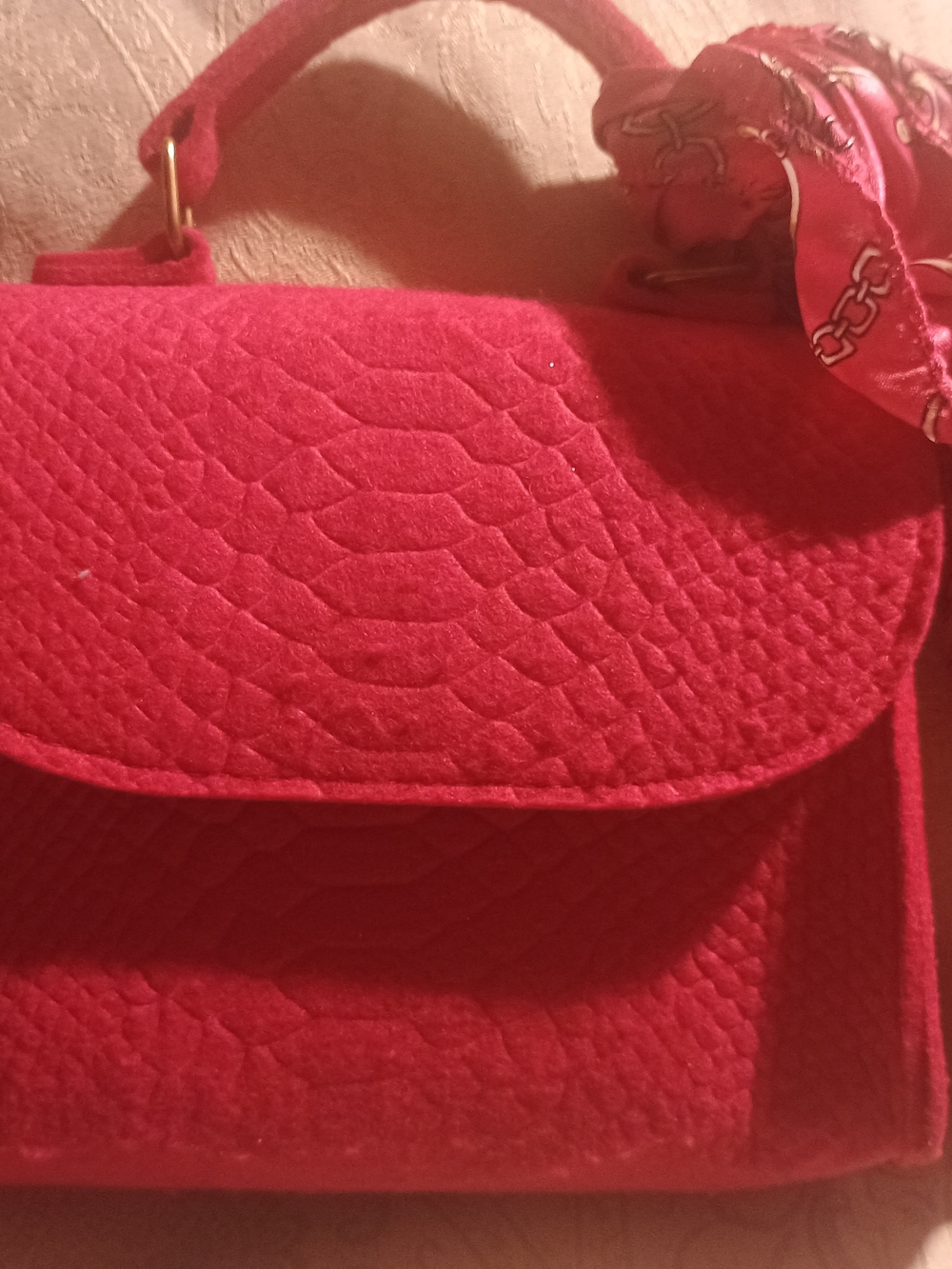 Structured Red Textured Satchel with Scarf Accent